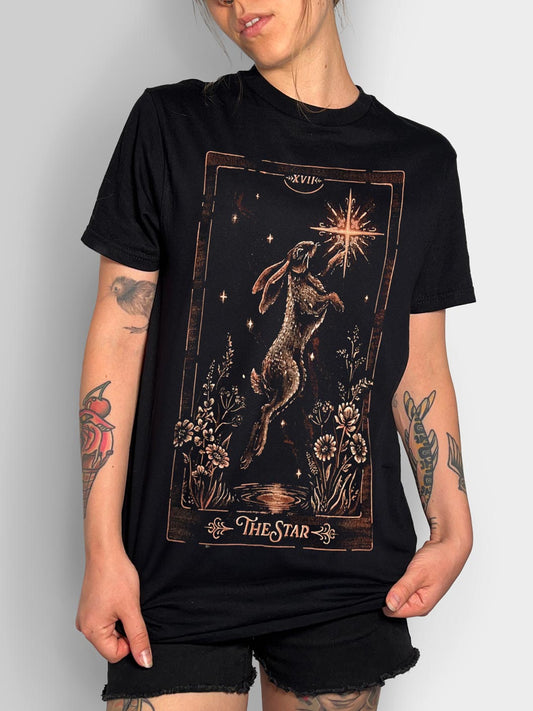 Hand-painted bleach art t-shirt of The Star tarot card, featuring a hare reaching toward a star