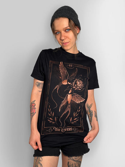 Hand-painted bleach art t-shirt of The Lovers tarot card, featuring two birds in flight sharing a flower