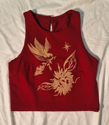 Bird and chrysanthemum crop top