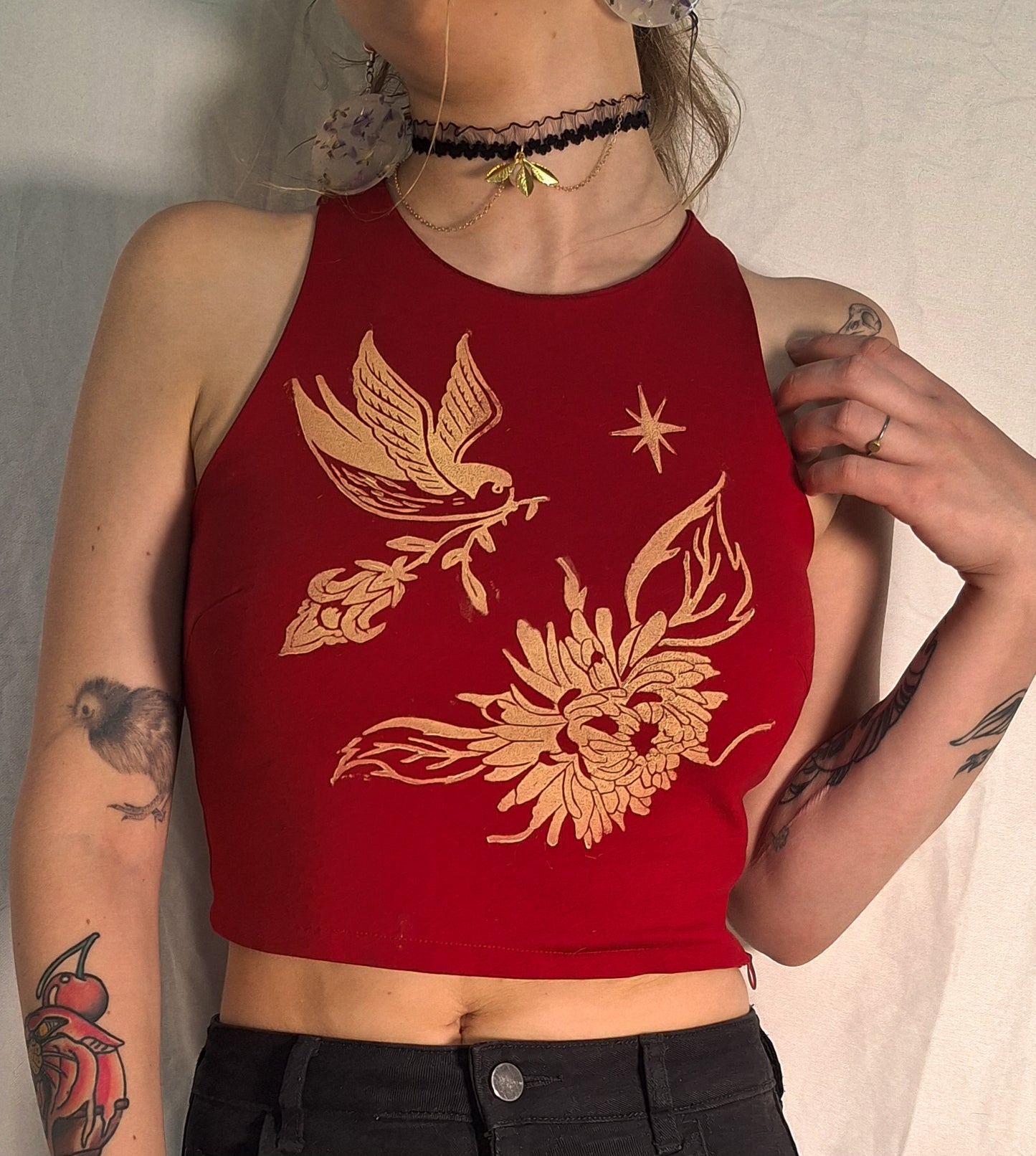 Bird and chrysanthemum crop top