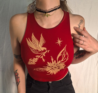 Bird and chrysanthemum crop top