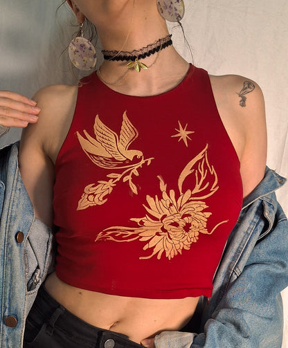 Bird and chrysanthemum crop top