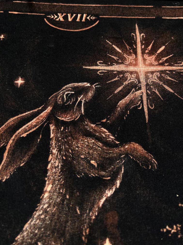 A close-up of a dark textile or print featuring a rabbit reaching toward a bright star, with the tarot card XVII the star at the top.