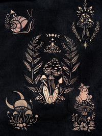 Stencil designs for bleach art on fabric featuring a repeating mystical pattern of mushrooms, ferns, a snail, a frog, moons, and stars 