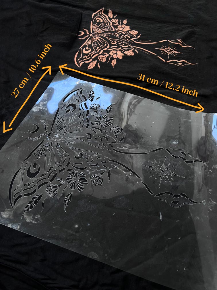 Celestial moth stencil with crescent moon and florals, 7 mil mylar