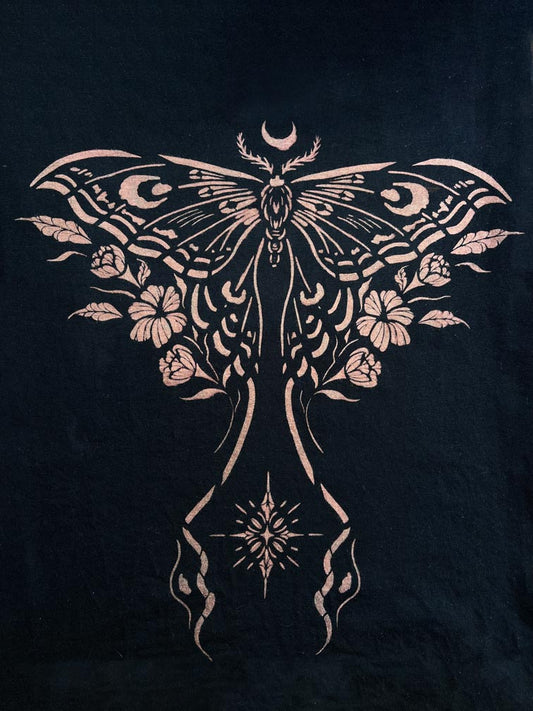 Celestial moth stencil with crescent moon and florals, 7 mil mylar