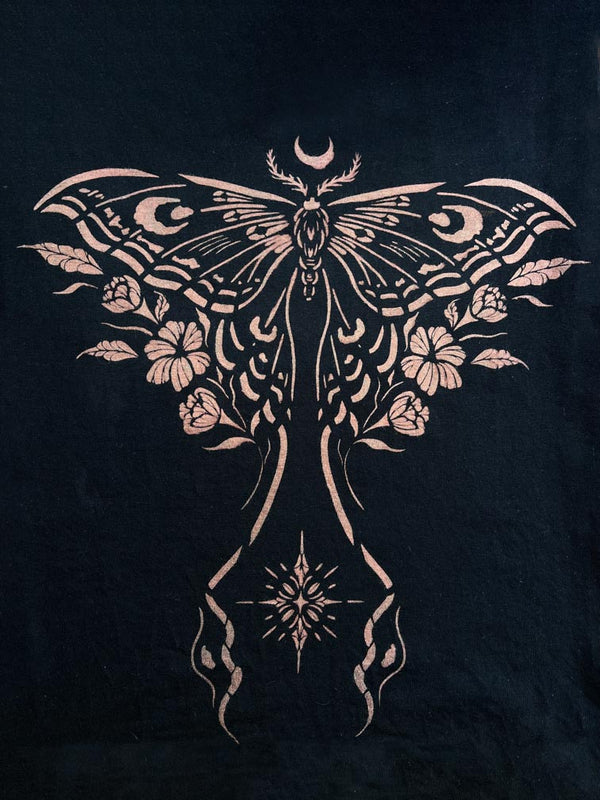Celestial moth stencil with crescent moon and florals, 7 mil mylar
