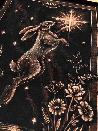 A close-up of a dark tarot card illustration featuring a hopping rabbit reaching toward a glowing star, with floral details and the Roman numeral XVIII at the top.