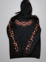 Flat lay of the Anubis hoodie front with a winged scarab on the chest and hieroglyphs down both sleeves and the hood