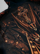 Close-up of the ankh and Anubis ears, hand-painted with bleach on black fabric