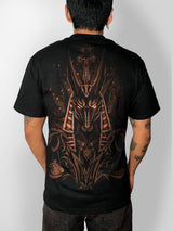Anubis hand bleach-painted black t-shirt, back view on a model
