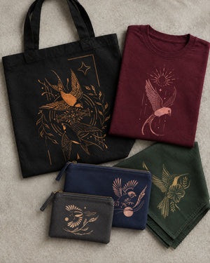 Bird stencil designs bleach painted on a tote bag, t-shirt and purses