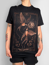 Hand-painted bleach art t-shirt of The Lovers tarot card, featuring two birds in flight sharing a flower