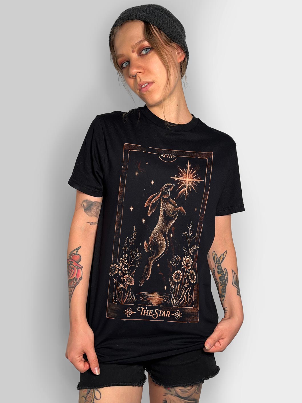 Hand-painted bleach art t-shirt of The Star tarot card, featuring a hare reaching toward a star