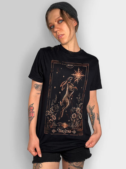 Hand-painted bleach art t-shirt of The Star tarot card, featuring a hare reaching toward a star