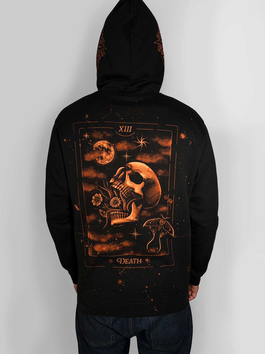 Hand-painted bleach art hoodie of the Death tarot card, featuring a skull, moon and moth on the back, with moth and star details on the front and hood