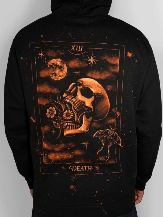 Hand-painted bleach art hoodie of the Death tarot card, featuring a skull, moon and moth on the back, with moth and star details on the front and hood