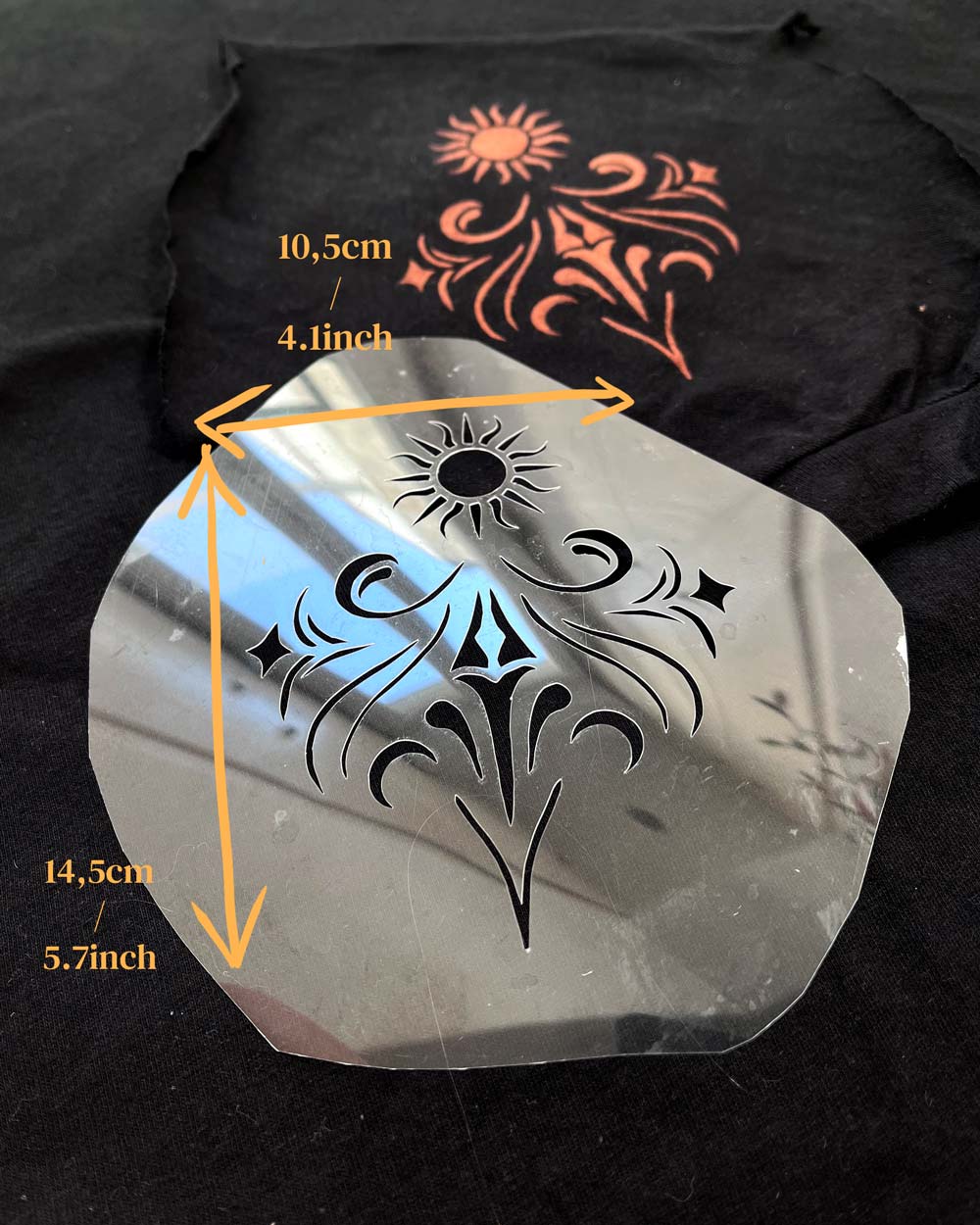 scrollwork and sun stencil for bleach art on fabric, 7 mil Mylar reusable stencil for bleach painting