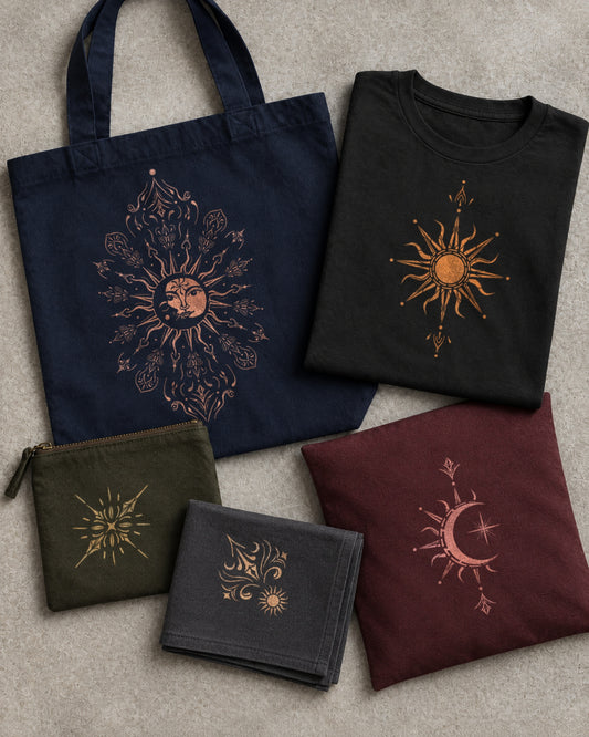 Celestial Sun & Moon Stencil Pack designs bleach-painted on a tote bag, t-shirt, pillow, napkin and zip purse